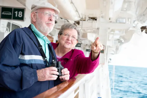 Senior Adult Couple Enjoying View Passenger Cruise Ship Bonoculars — Foto de Stock