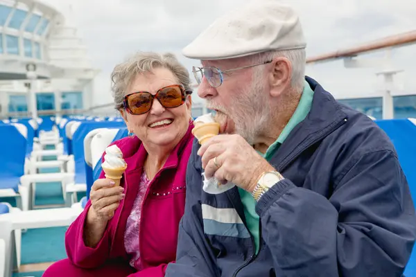 Happy Senior Adult Couple Enjoying Ice Cream Deck Luxury Passenger — Foto de Stock