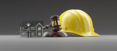 Minyatür Model Evi, Sarı Sert Şapka ve Gavel Mezuniyetli Arkaplanda.