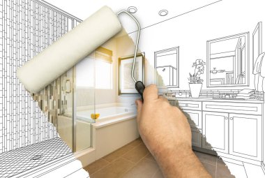 Erkek Boyama Pateninden Önce ve Sonra Yeniden Yapılandırılmış Ana Banyo Kalem Çizim Planları Altında.
