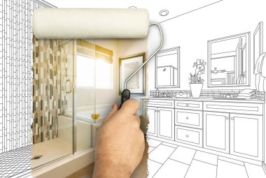 Erkek Boyama Pateninden Önce ve Sonra Yeniden Yapılandırılmış Ana Banyo Kalem Çizim Planları Altında.