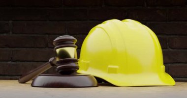 Gavel 'in Dönen Tavası ve Parçacık Tahtası Yüzeyinde Sert Şapka ve Tuğla Duvarın Arkaplanı.
