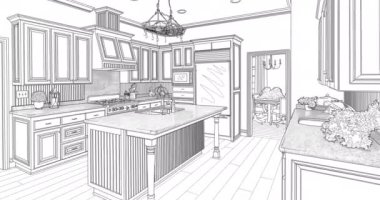 Çizim Öncesi ve Sonrası Tamamlanmış Özel Mutfağı Kalem Çizim Altında Fırçalamak Çizim Planları.