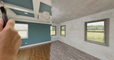 Kaydırıcının Açıklanmasından Önce ve Sonra Tamamlanmamış Durum Fotoğrafı Altında Teal Odası İçişleri.