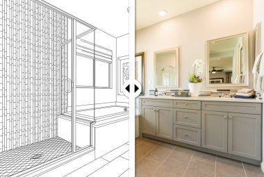 Kaydırmadan Önce ve Sonra Karşılaştırma Kalem Çizim Planları ve Tamamlanmış Özel Ana Banyo