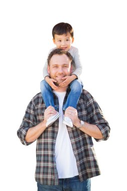 Mutlu Melez Yarış Baba ve Oğlu Sırtında Beyaz Arkaplanda İzole Edildi.