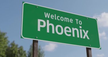Phoenix, Arizona 'ya Hoş Geldiniz Mavi Gök ve Bulutlara Karşı Yeşil Yol İşareti.