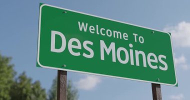 Des Moines, Iowa 'ya Hoş Geldiniz Mavi Gök ve Bulutlara Karşı Yeşil Yol İşareti.