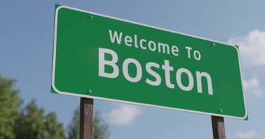 Boston, Massachusetts 'e Hoş Geldiniz Mavi Gök ve Bulutlara Karşı Yeşil Yol İşareti.