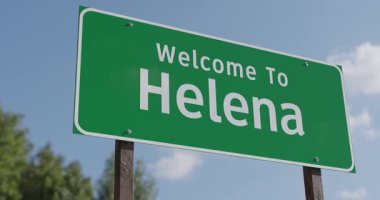 Helena 'ya Hoş Geldiniz, Montana Yeşil Yol İşareti Mavi Gök ve Bulutlara Karşı - Birleşik Devletler Başkenti Serisi.