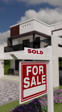 Yeni Ev 'in Önünde Satılık Emlak Tabelasına Dikey Odaklanma.