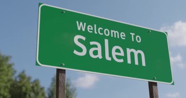 Salem, Oregon 'da Mavi Gök ve Bulutlara Karşı Yeşil Yol Tabelasına Hoş Geldiniz..