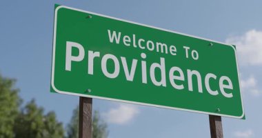 Providence 'a Hoş Geldiniz, Rhode Island Yeşil Yol İşareti Mavi Gökyüzü ve Bulutlara Karşı - Birleşik Devletler Başkenti Serisi.
