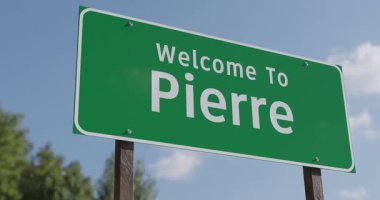 Pierre 'e Hoş Geldiniz, Güney Dakota Yeşil Yol İşareti Mavi Gök ve Bulutlara Karşı - Birleşik Devletler Başkent Serisi.