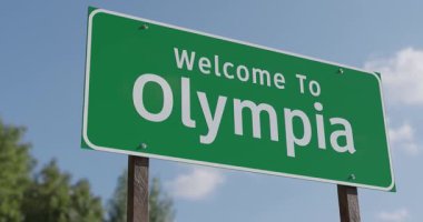 Olympia 'ya Hoş Geldiniz, Washington Yeşil Yol İşareti Mavi Gök ve Bulutlara Karşı - Birleşik Devletler Başkenti Serisi.