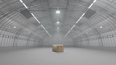 Dolly, içi boş bir depoda tek başına duran eski bir karton pakete odaklan..