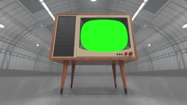 Vintage TV Wtih Green Screen Boş Deponun Ortasında Oturuyor.
