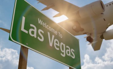 Las Vegas Yeşil Yol Tabelasına hoş geldiniz. Alçaktan Uçan Uçak İniş Aracı 'nın hemen üstünde..