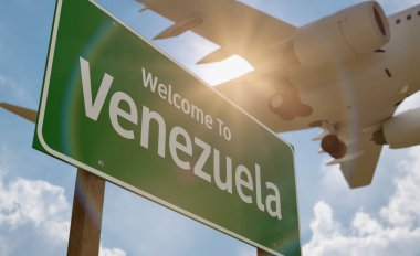 Venezuela Yeşil Yol Tabelasına hoş geldiniz. Alçaktan Uçan Uçak İniş Aracı 'nın hemen üstünde..
