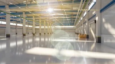 Sadece birkaç tahta paletle boş bir depoda dramatik Dolly Kamera Hareketi.