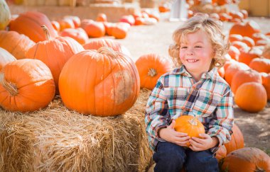 Güneşli bir sonbahar gününde balkabağı tarlasında eğlenen sevimli genç çocuk.