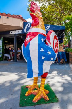 MIAMI, USA - FEBRUARY 7, 2023 : Famous rooster with an american flag in Little Havana, heart of the cuban community in Miami
