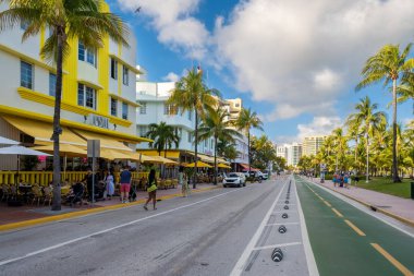 MIAMI BEACH, USA - FEBRUARY 10, 2023 : Ocean Drive, a promenade found in South Beach has become the quintessential Miami boulevard