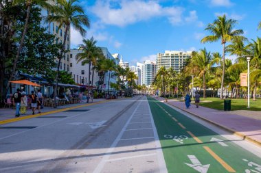 MIAMI BEACH, USA - FEBRUARY 10, 2023 : Ocean Drive, a promenade found in South Beach has become the quintessential Miami boulevard