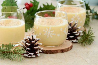 Noel şenliğinde geleneksel eggnog. Orta cama seçici odaklı yatay biçim