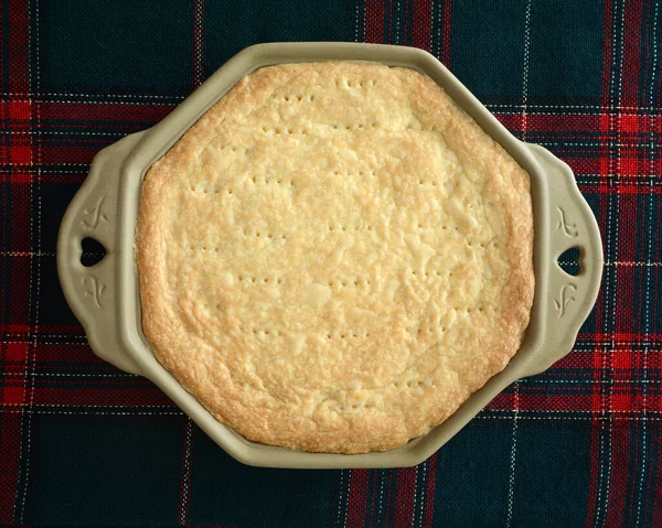 Perfectly Baked Scottish Shortbread Stone Mould Tartan Cloth Background Flat — Stock Photo, Image