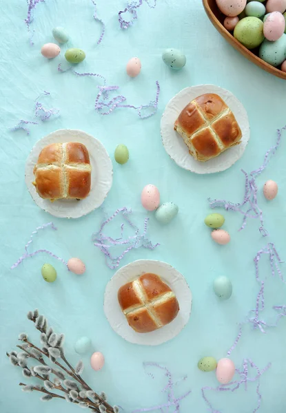 Hot Cross Buns Colored Eggs Pussy Willows Pale Aqua Background — Stock Photo, Image