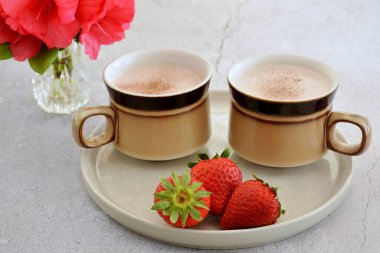 Sıcak ve baharatlı tarçınlı sıcak çikolata seramik tepside taze organik çilekler yatay formatta..  