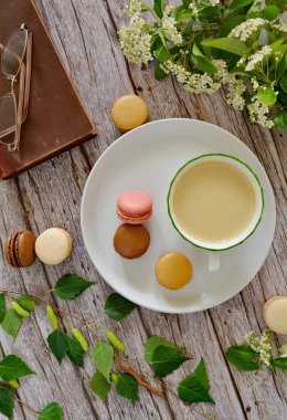 Zarif badem kurabiyeli kremalı kahve, spirea çiçekleri, kedi derisi ağlayan huş dalları ve düz kompozisyonda kırsal ahşap arka plan üzerine klasik bir kitap. Yaşam tarzı kavramı.