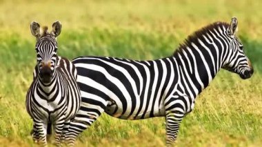 Yeşil çayırlarda duran çizgili zebralar. Serengeti Milli Parkı. video 