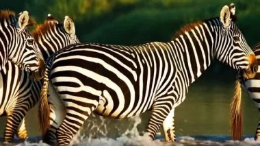 Nehir suyunda çizgili zebralar. Serengeti Milli Parkı. video 