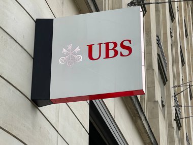 Geneva, Switzerland - Jan 12 2023: UBS bank logo in Geneva. UBS Group AG is a multinational investment bank and financial services company.