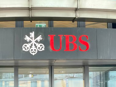 Geneva, Switzerland - Jan 12 2023: UBS bank logo in Geneva. UBS Group AG is a multinational investment bank and financial services company.