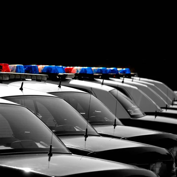 Fila Coches Policía Con Luces Azules Rojas Para Seguridad Pública —  Fotos de Stock