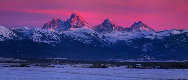 Tetons Tetons Mountain Range Vintern Med Snö Och Träd Och — Stockfoto