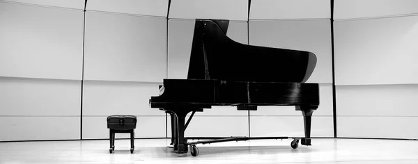 Чорно Біле Фортепіано Лавкою Концертному Стані Виконання Музичної Музичної Драми — стокове фото
