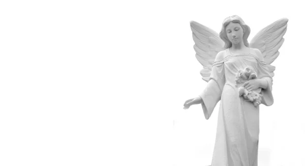 Antique Μαρμάρινο Άγαλμα Ενός Φτερωτού Αγγέλου Απλωμένο Χέρι Λευκό Φόντο — Φωτογραφία Αρχείου