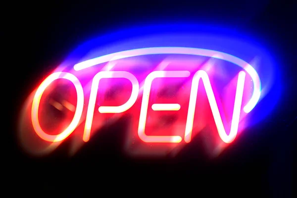 Open Sign Neon Glass Window Door Business Night Glowing Color — Zdjęcie stockowe