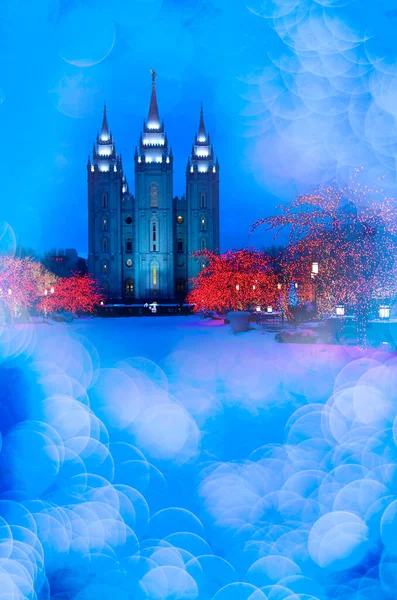 Salt Lake City Temple Square Julbelysning Träd Och Torn Magiska — Stockfoto