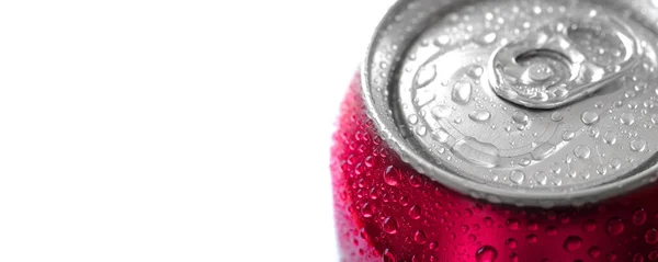 Fresh Can Red Soda Pop Soft Drink Water Drops Chilled — Stock Photo, Image