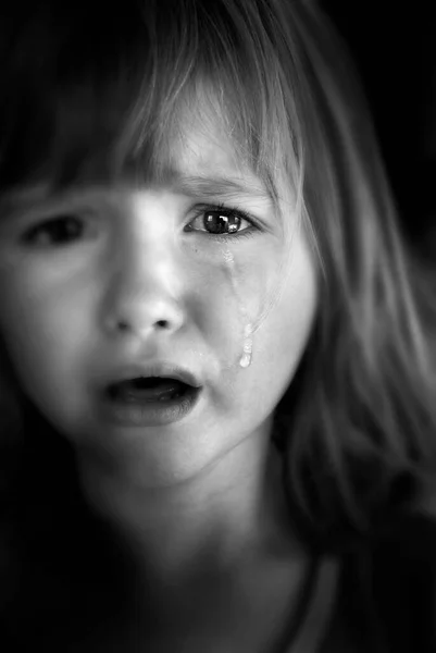 Portrait Little Girl Crying Tears Rolling Her Cheeks Dramatic Emotional — Stock Photo, Image