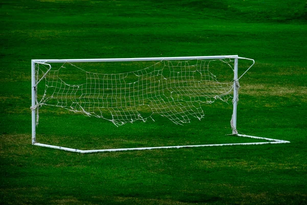 Worn Out Soccer Net Goal Used Handing Ratty Frayed Netting — Stock Photo, Image