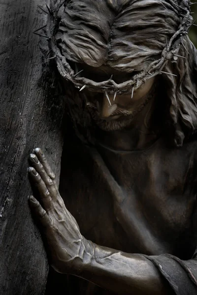Socha Ježíše Krista Spasitele Světa Trnovou Korunou Ukřižování Kříže Vzkříšení — Stock fotografie