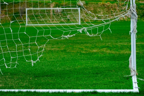 Worn Out Soccer Net Goal Used Handing Ratty Frayed Netting — Stock Photo, Image