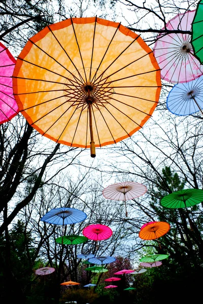 在花园里挂着五颜六色的装饰性雨伞 — 图库照片