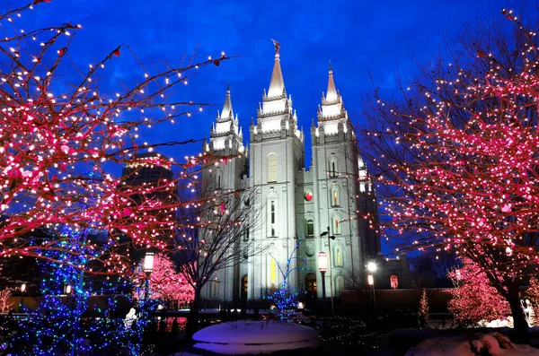 装飾のための木のクリスマスライトと休日の塩湖市の寺院 — ストック写真